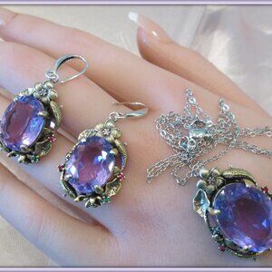 ALEXANDARITE GEM STONE LADIES UNIQUE 14K G FILLED ITALIAN NECKLACE EARRING SET